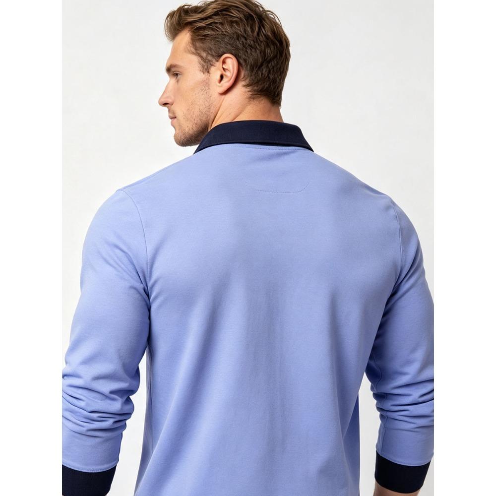 Men's Retro Color Block Long Sleeve Polo – Soft Touch Jersey Shirt with Contrast Cuffs & Vintage Logo – Smart Casual Business Wear