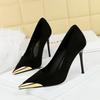 European American Banquet Women's Shoes High Heels Thin Heels  Suede Shallow Mouth Metal Pointed Toe Iron Toe Slim Single Shoes