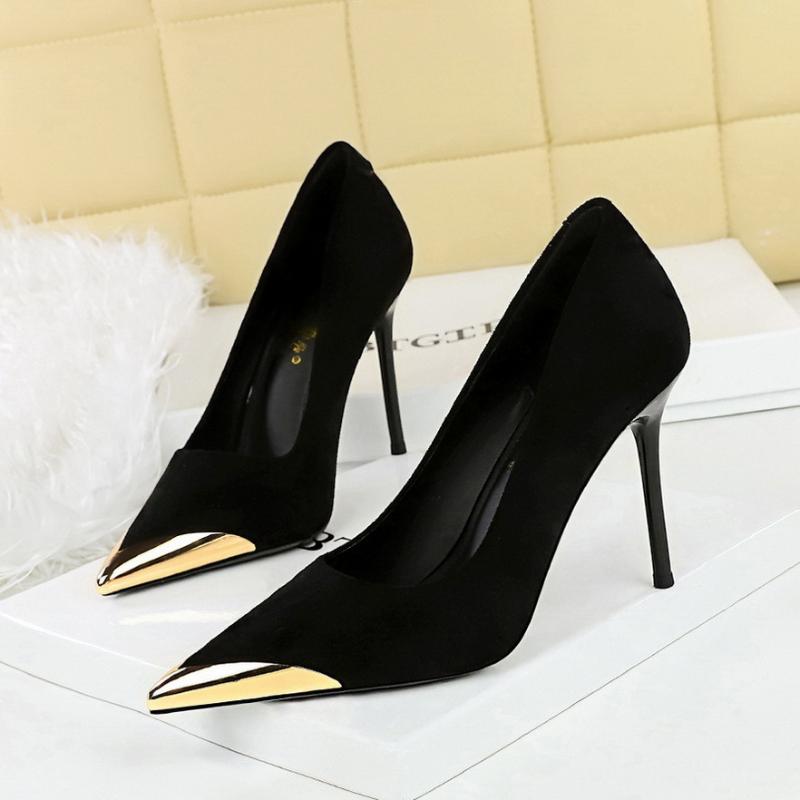 European American Banquet Women's Shoes High Heels Thin Heels  Suede Shallow Mouth Metal Pointed Toe Iron Toe Slim Single Shoes