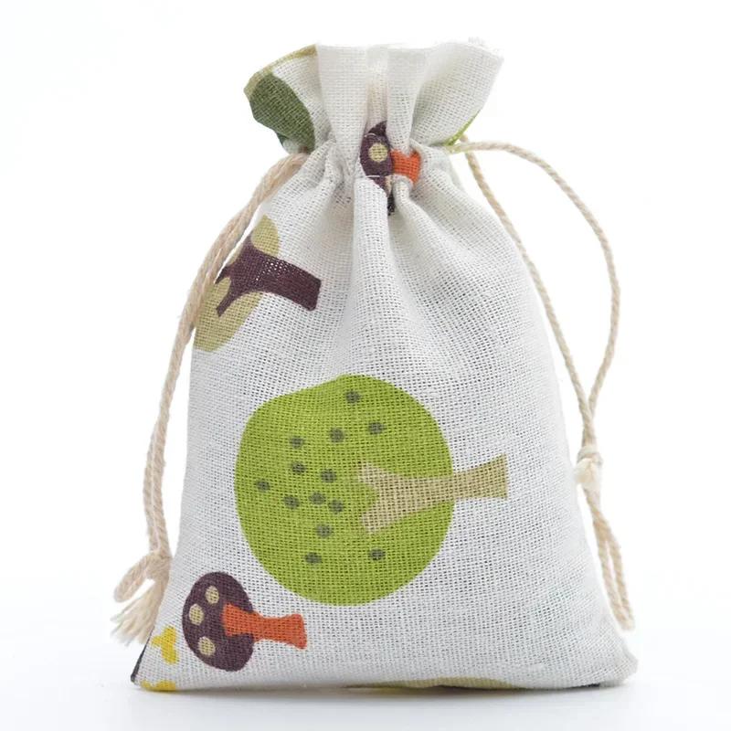10pc Drawstring Cotton Linen Print Organizer 10x14/13x18cm Women Jewelry Cosmetics Cloth Bag Christmas Gift Bag Party Decoration