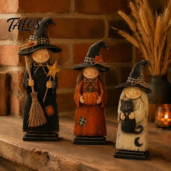 Vintage Style Witch Statue for Shelf Wooden Ornament, Retro Halloween Figurine with Broom/Pumpkin/Black Spooky Party Table Centerpieces Cat, Creative