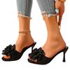 Women's Black Suede Open-Toe High-Heeled Sandals with Red Flower Stiletto Mules - Elegant Socialite Style