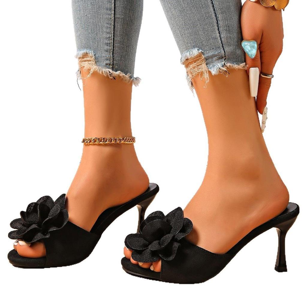 Women's Black Suede Open-Toe High-Heeled Sandals with Red Flower Stiletto Mules - Elegant Socialite Style