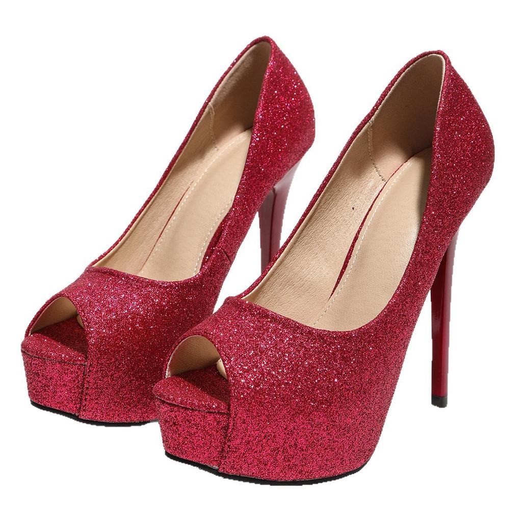 Spring and summer new sequined Glitter super fish mouth high heel waterproof table wedding shoes performance stage catwalk nightclub