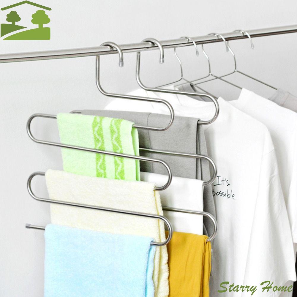 5pcs Stainless Steel Pants Rack Five-Layer Multi-Functional Storage Rack S-shaped Design Anti Slip Multi-Layer Hanger
