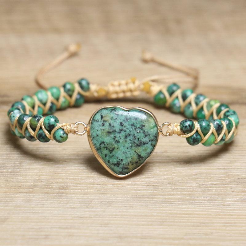 Purple Stripe Agate Heart & Amethyst Beaded Bracelet – Gold Accent Adjustable Boho Jewelry, Love Calm Gift for Women
