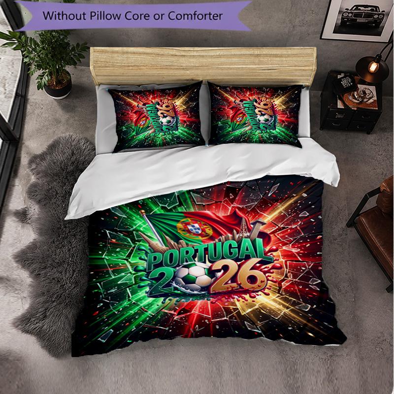 Portugal Football Pattern 3 Pieces Bedding Set Soft Microfiber Duvet Cover with Pillow Cases for Bedroom