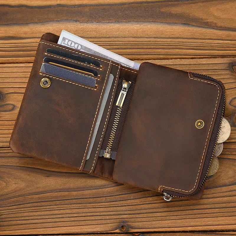 New Retro Leather Short Wallet with Zipper Change Bag Snap Button Wallet Crazy Horse Leather 20% Off Multi-card Wallet