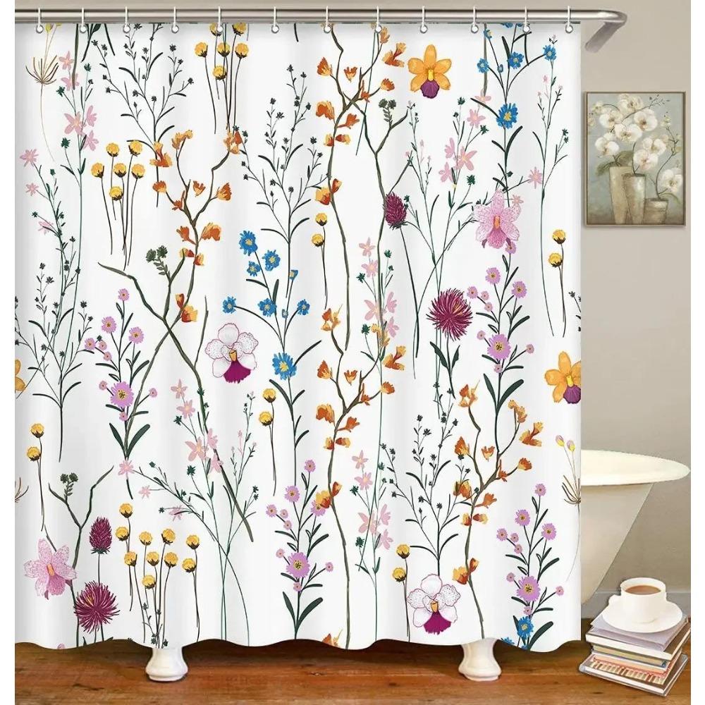 

Shower Curtain Summer Wild Flowers Beautiful White Colorful Floral Vintage Cute Waterproof Polyester Fabric Bathroom Decor Sets 90x180cm-35x70in