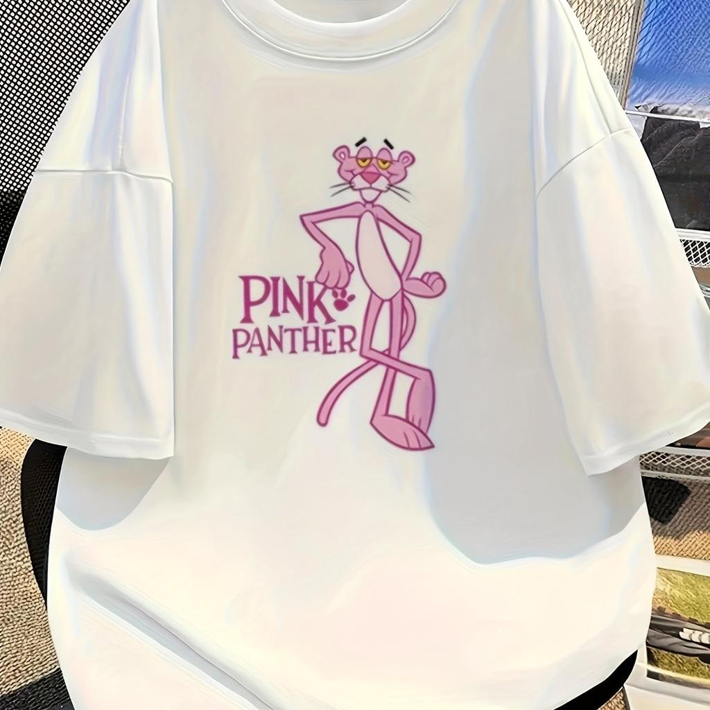 Sommar Ny Rosa Pantern T-shirt Y2K Mode Lös Casual Mångsidig Kortärmad Toppar Söt Rosa Pantern Kortärmad Toppar