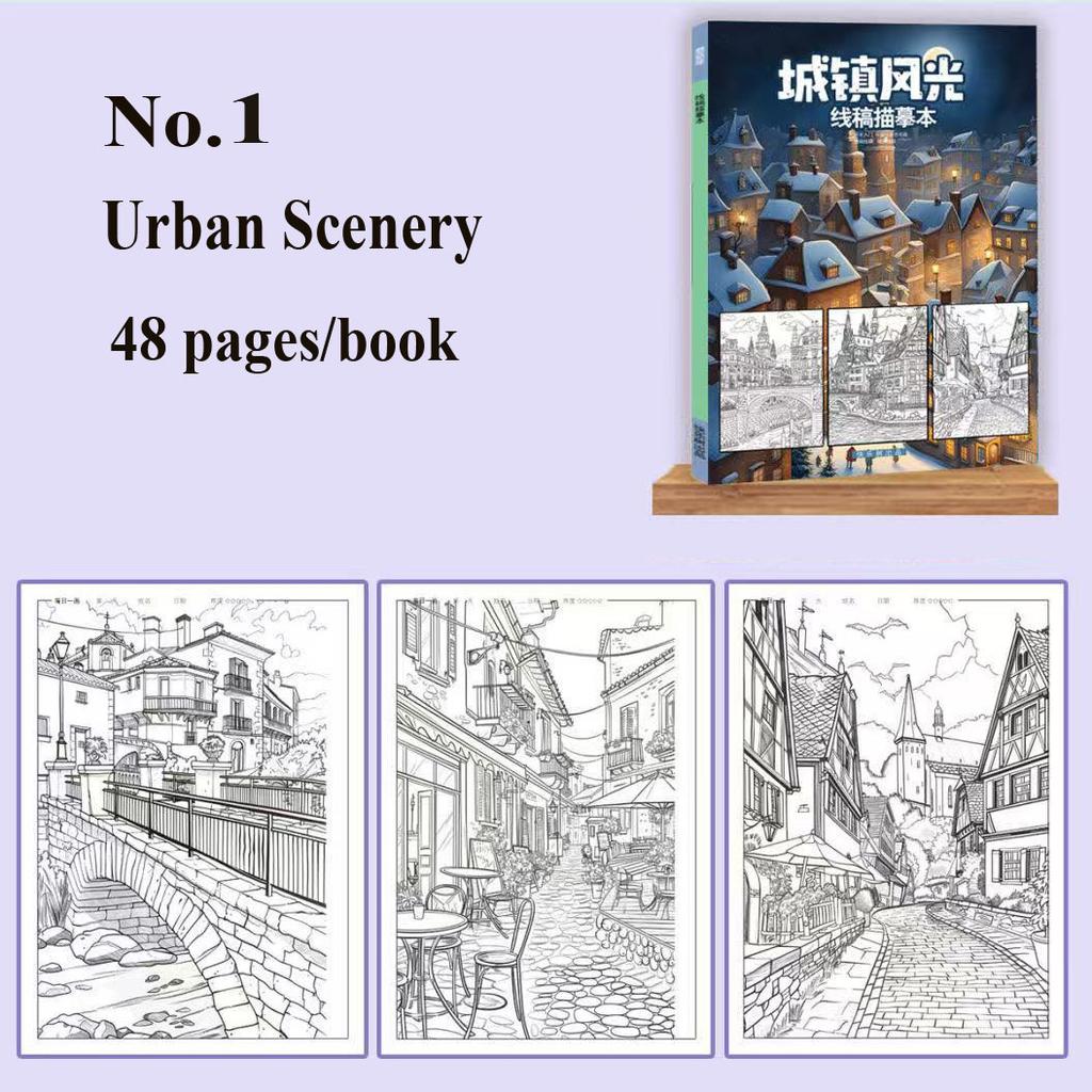 Artistic Drawing Practice Book - Landscape Tracing & Pen Control Coloring Books Adults Stress-Relief Pencil Sketch Album Art