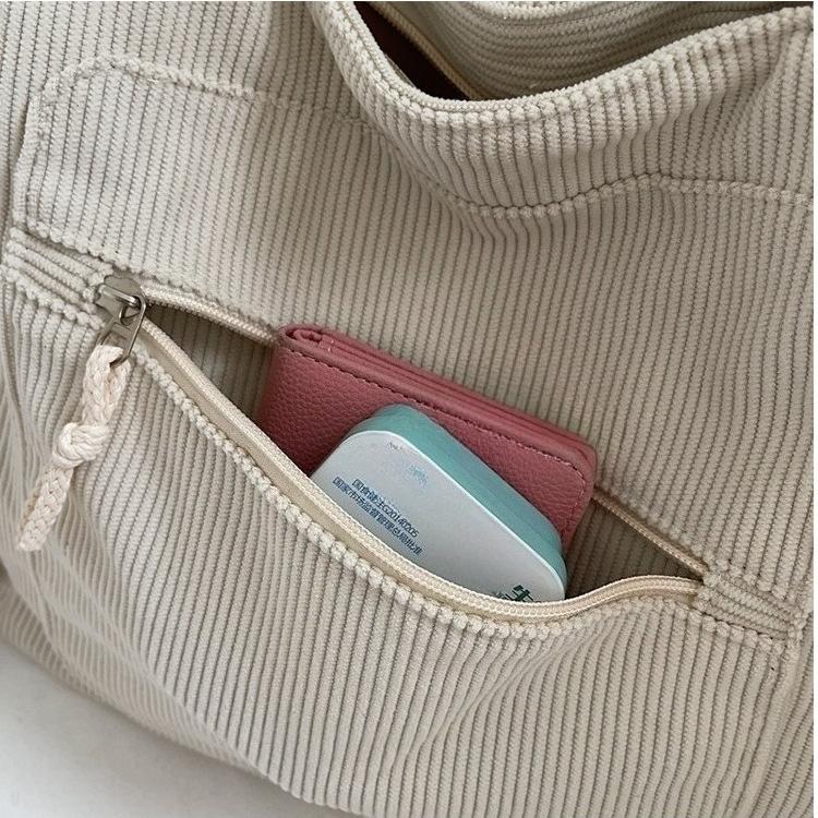 Vintage Corduroy Tote Bag for Women Large Capacity Shoulder Bag Casual Handbag College School Shopping Travel Tote Bag