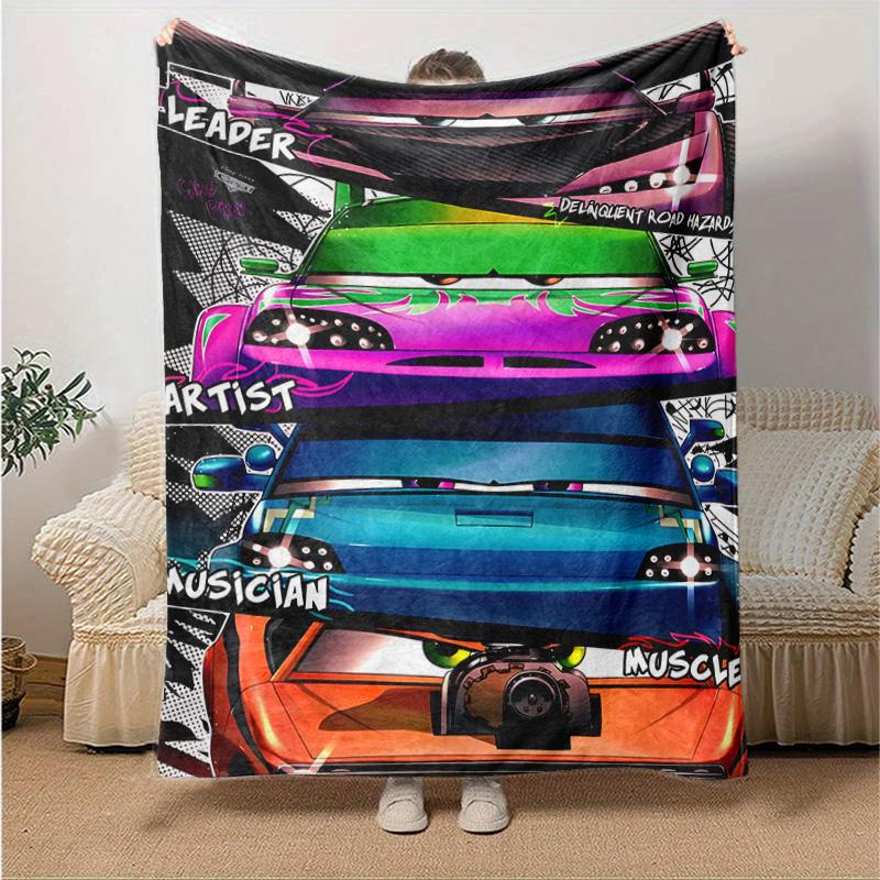 1pc Cars Pop Art Style Flannel Blanket Soft Warm Throw Blanket for Bedroom Living Room Bed Travel Camping Picnic Gift. M730013
