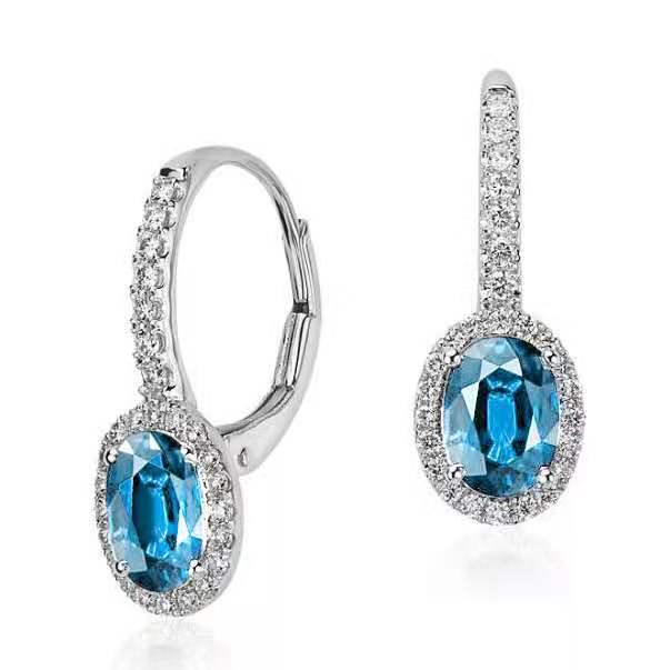 Exquisite White Gold-Plated Copper Earrings with Sea Blue Oval Cubic Zirconia Studs for Women