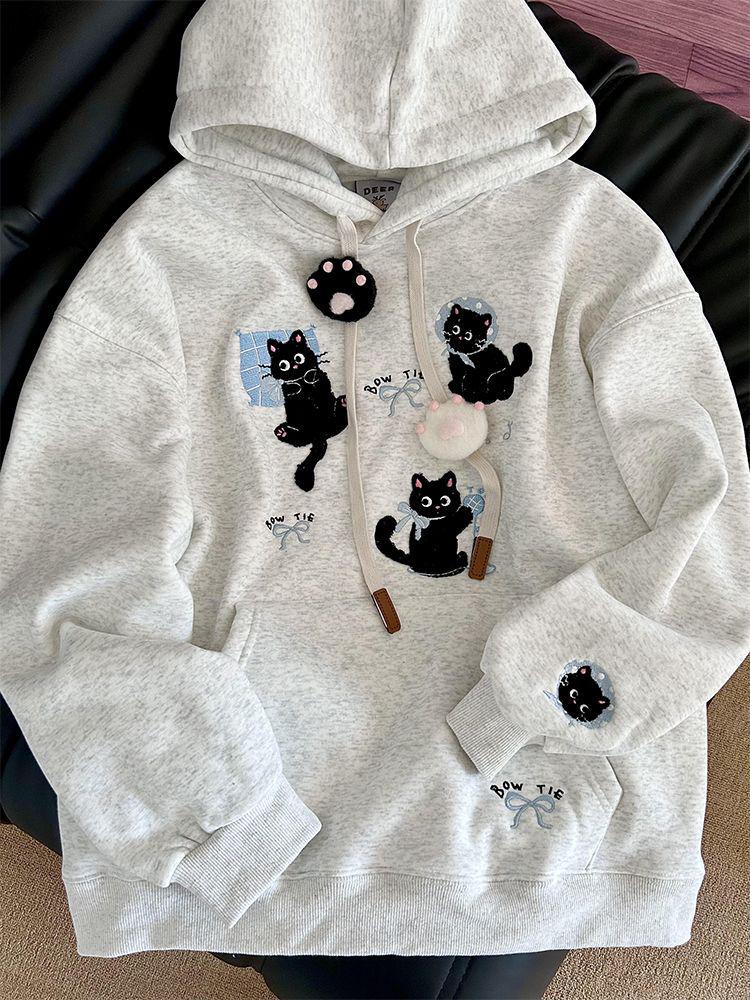 

Женское японское ретро флисовое худи с вышивкой котенка - Осень/Зима, длинный рукав XL