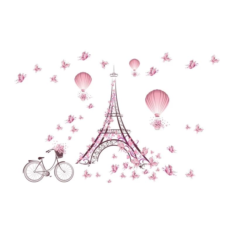 Розовый цветок велосипед Парижская башня настенные наклейки виниловая наклейка настенная живопись бабочки романтическая Эйфелева башня DIY свадебный декор для спальни