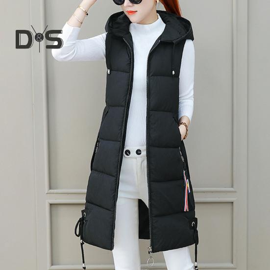 Fall Winter Cotton Vest Coat Mid Length Thickened Padded Sleeveless Zip Up Zipper Closure Drawstring Hooded Windproof Heat Retention Lady Waistcoat