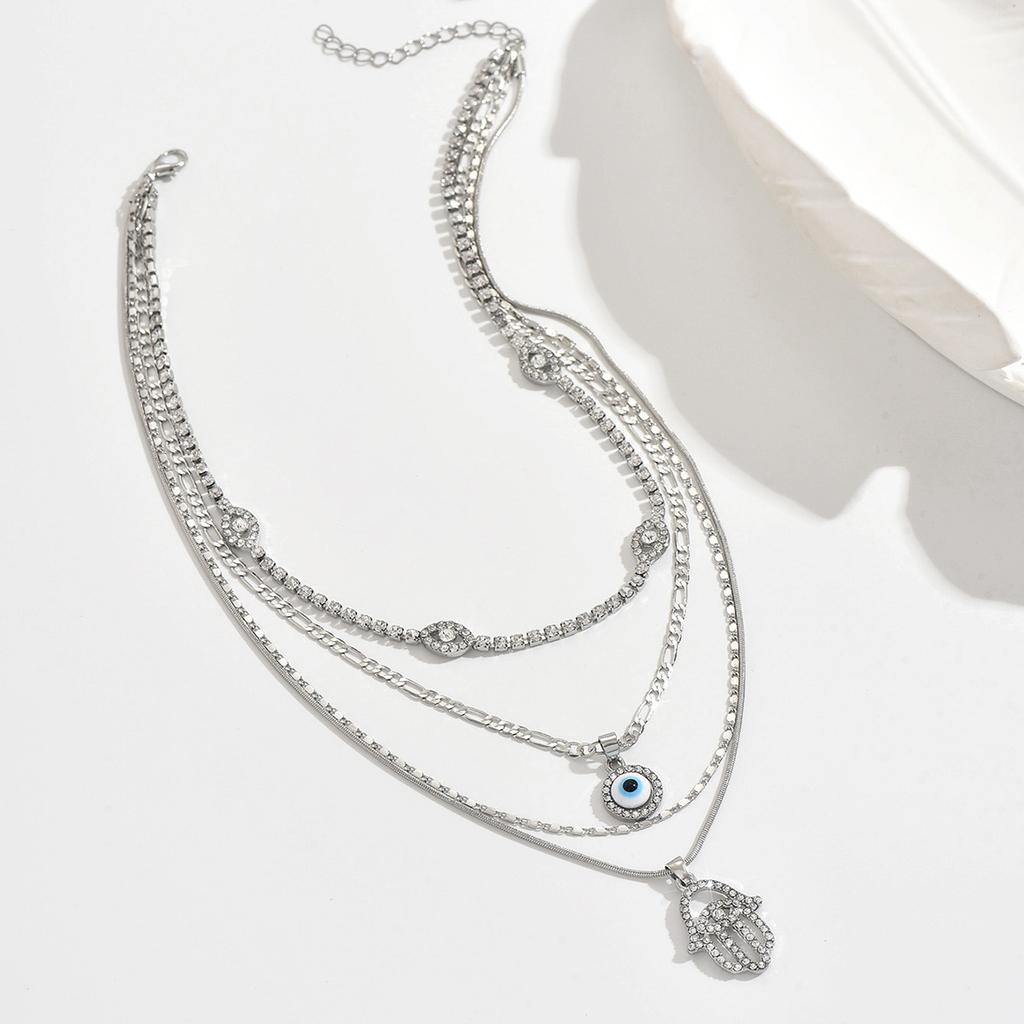Hot-selling retro exaggerated design devil's eye pendant necklace fashionable multi-layer diamond ins collarbone chain