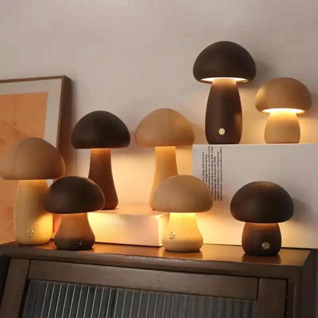 Nové roztomilé, teplé a útulné drevené LED nočné svetlo v tvare húb pre spálňu a detskú izbu Krásna lampa na nočný stolík s dotykovým ovládaním