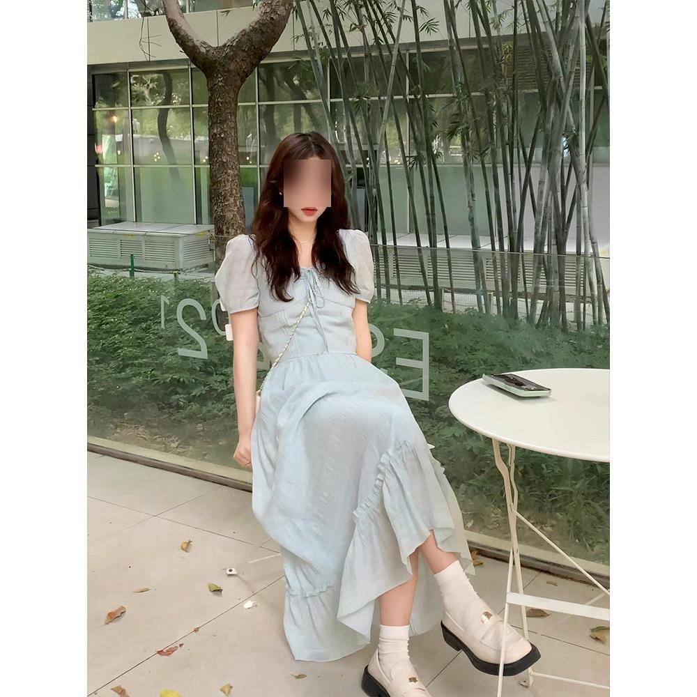 Summer gentle and sweet square neck short-sleeved top women's waist and thin temperament ruffle edge skirt two-piece set
