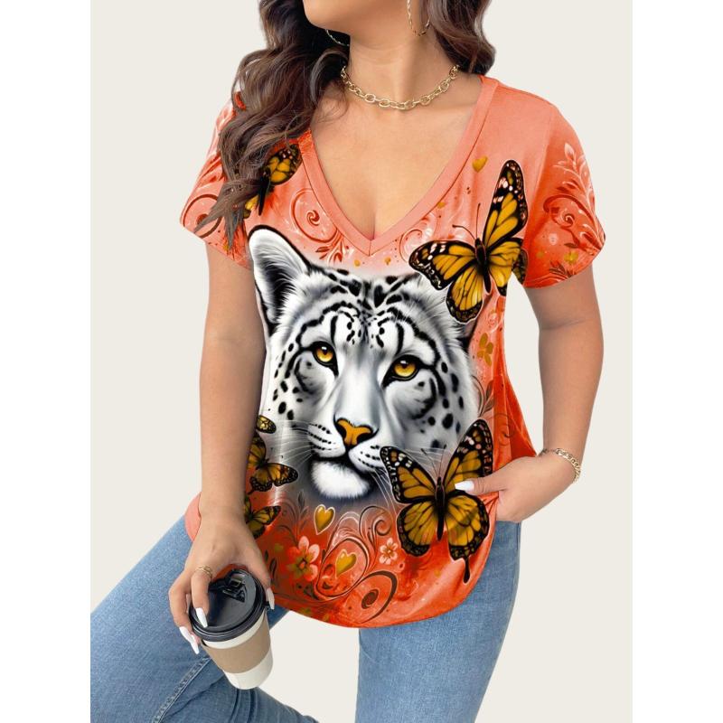 Women's Summer Short Sleeve T-Shirts V-Neck Tiger Printed Shirts Loose Plus Size Pullover Tops