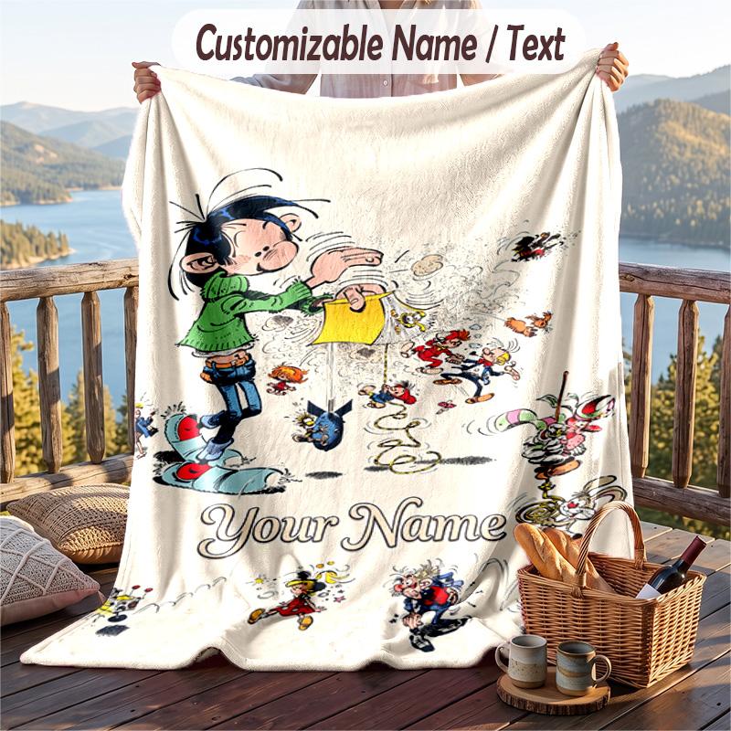 Custom Text Flannel Throw Blanket, Lightweight Cozy Bed Sofa BlanketGaston Lagaffe