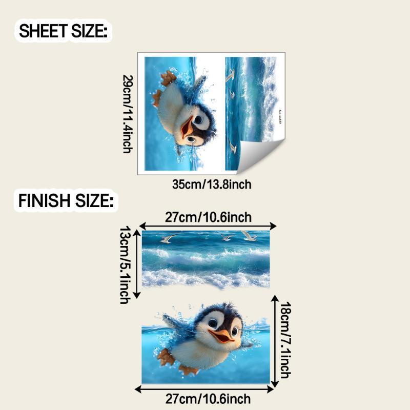 Cute Swimming Penguin Ocean Wave Toilet Lid & Tank Self Adhesive Sticker Waterproof Bathroom Decor Decal