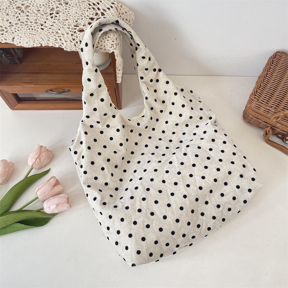 1 Polka Dot Canvas Bag Women's New Large-capacity Velvet Shoulder Bag Simple Casual Commuter Bag Women