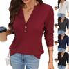 Damen Unifarben V-Ausschnitt Knopf Waffelstrick Langarm Locker T-Shirt