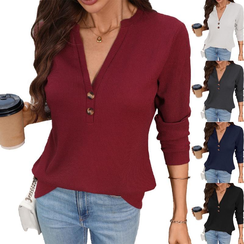 Damen Unifarben V-Ausschnitt Knopf Waffelstrick Langarm Locker T-Shirt
