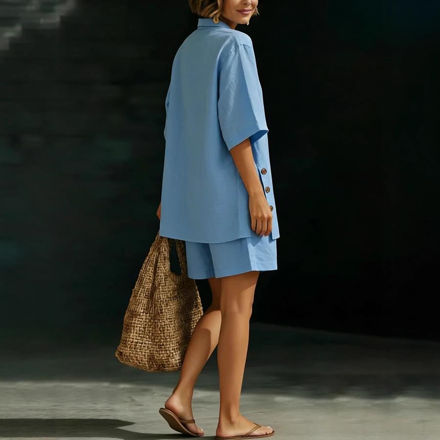 Nuovo Set Estivo da Donna in Lino Camicia e Pantaloncini Casual Comodo Ampio Bottoni Outfit Estivo