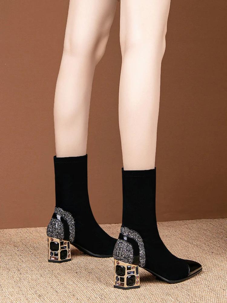 Footwear Rhinestone Shoes For Woman Elastic Sock Pointed Toe Women's Boots On Offer Stylish Waterproof High Quality New In