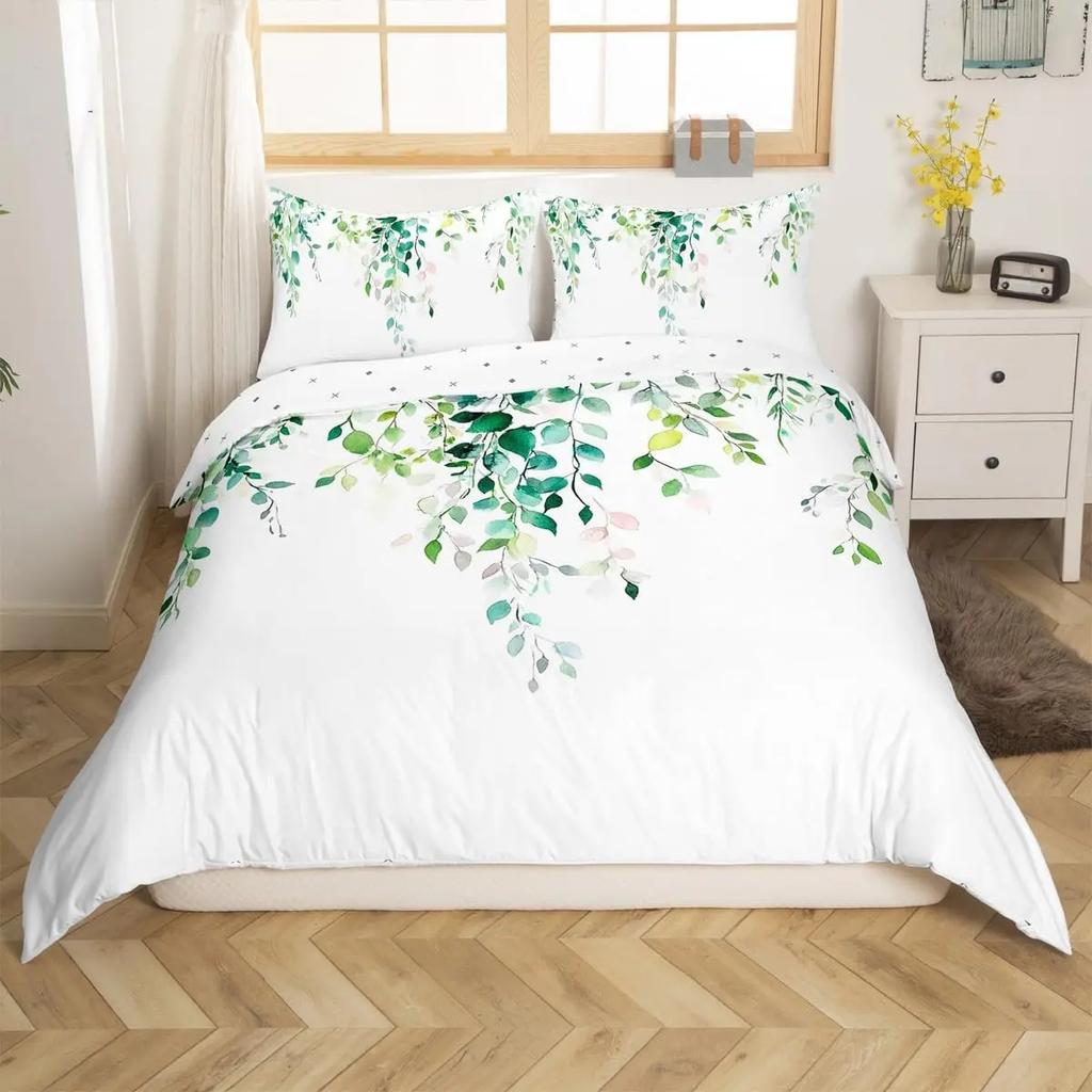 Bettdecke Tuschemalerei Stil Queen King Size Modern Schlicht Aquarell Pflanze Blatt Bettwäsche Set Kinder Erwachsene Damen 3-teiliges Set