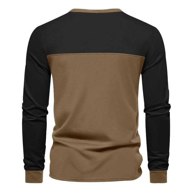Men's Autumn New American Retro Long-sleeved Colour Blocking Henry Collar Bottoming Shirt Men's T-shirt