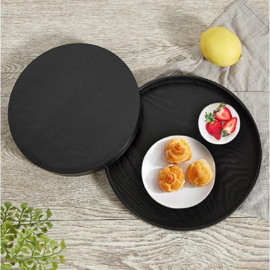 Round Wood Serving Tray, Solid Wooden Decorative Tray Non-Slip Tea Coffee Table Tray Snack Plate Food Meals Serving Tray with Raised Edges for Home