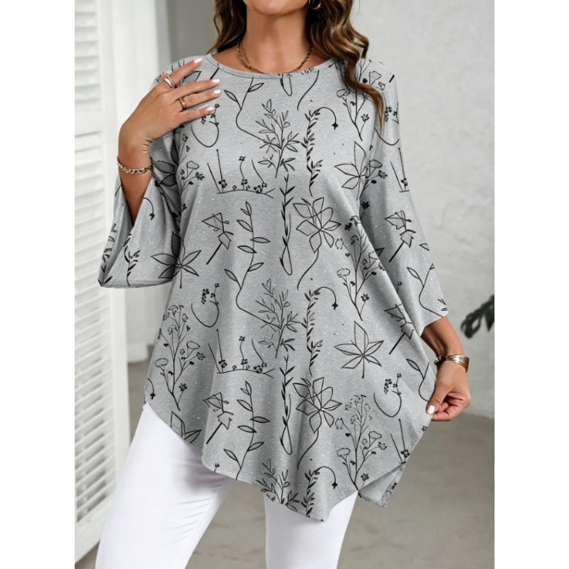 [Blusentop in Übergröße] Damen Casual Elegantes Blusentop mit Blumendruck und Rundhalsausschnitt für den Sommer - Übergröße