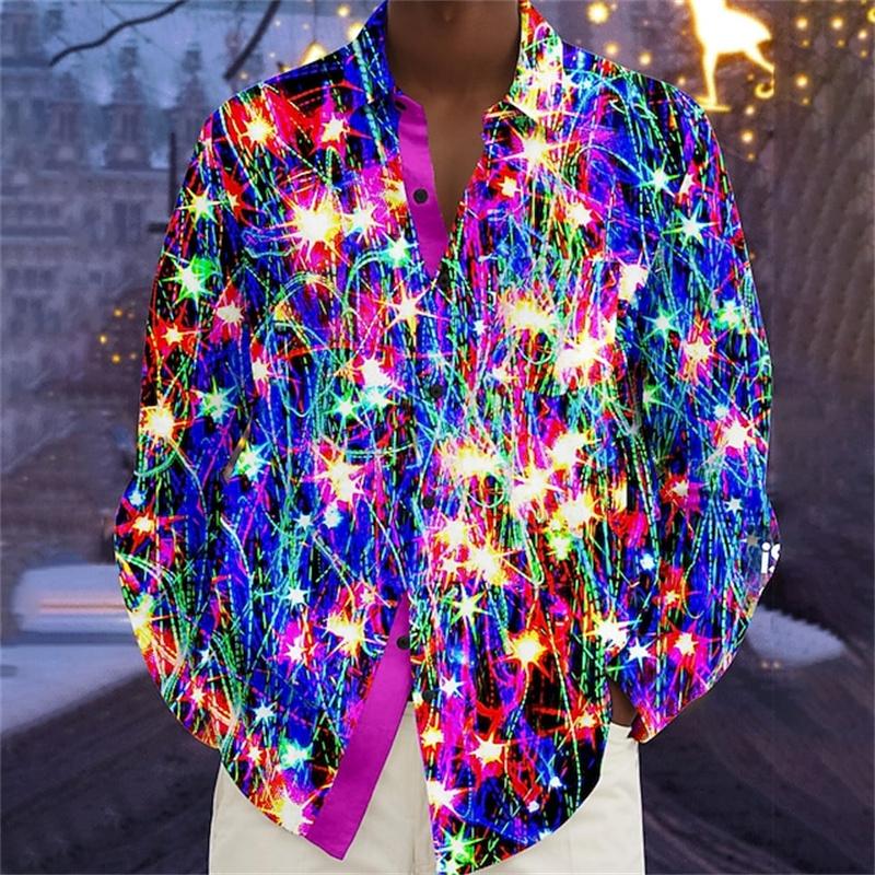 Christmas Men's Long-Sleeve Shirt, Red and White Color Block, Christmas Ball and Snowflake Pattern, Holiday Party Shirt