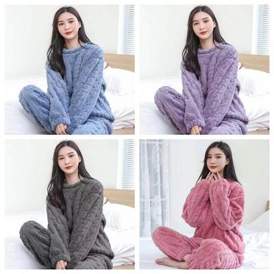 Conjunto de Pijama de Forro Polar Coral para Mujer: Terciopelo, Jacquard, Manga Larga, Dos Piezas, Cálido y Holgado para Otoño/Invierno