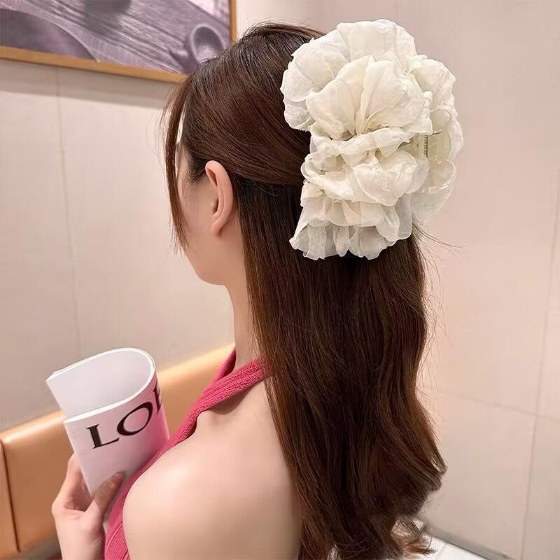 Large Summer Lace Edge Bow Claw Clip Hair Accessory for Women - Multi-Layer Feather Design