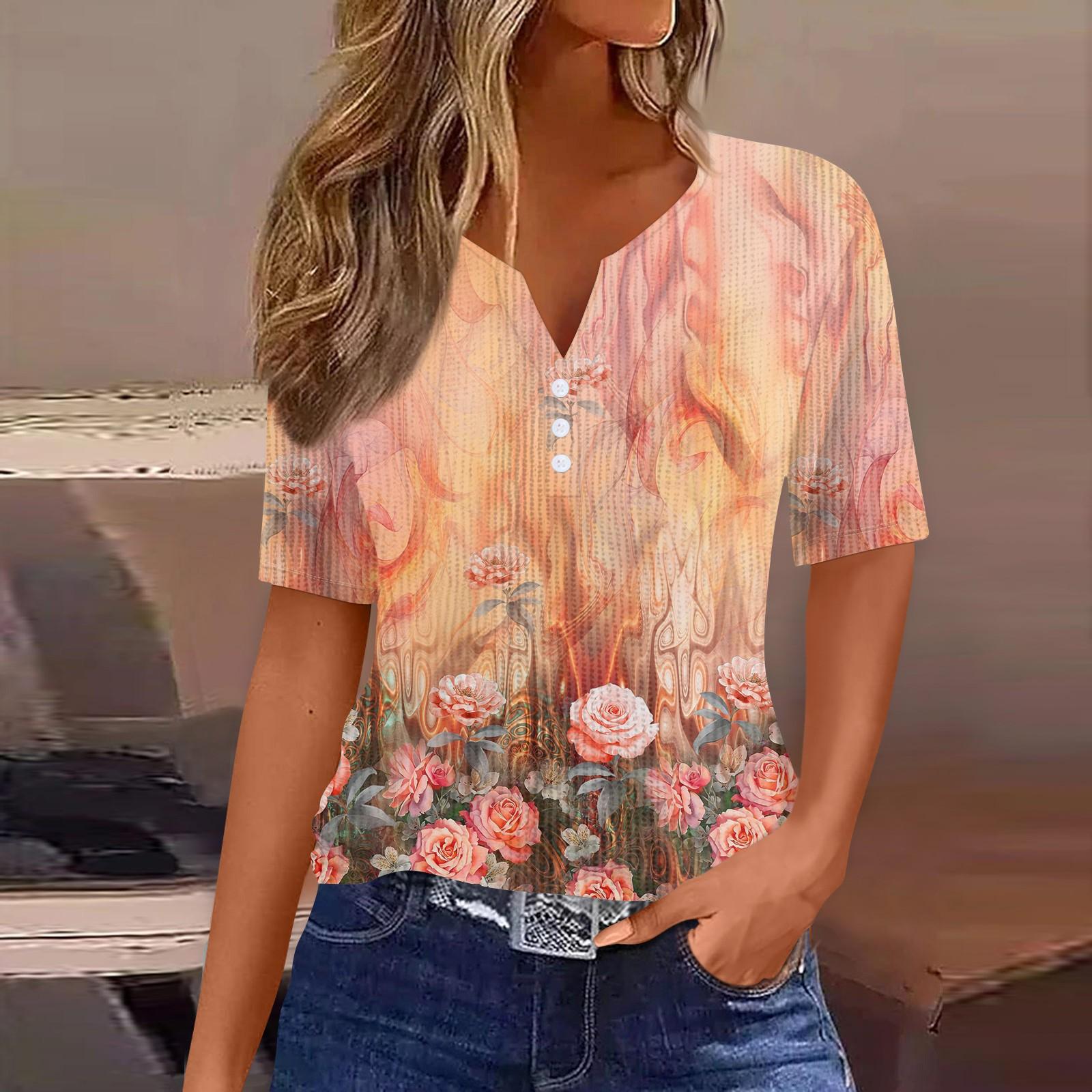 

Футболки для женщин, плиссированные, с V-образным вырезом, нарядные, повседневные блузки с принтом, короткие рукава, летние топы, свободный крой L