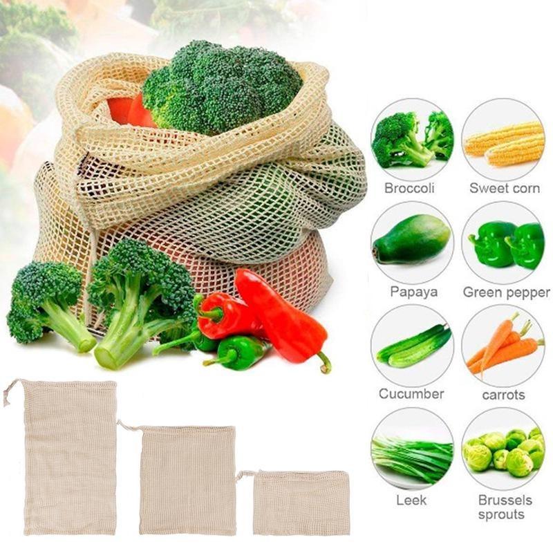 3PCS/LOT Cotton Mesh Vegetable Bags Produce Bag Reusable Cotton Mesh Vegetable Storage Kitchen Fruit Vegetable with Drawstring
