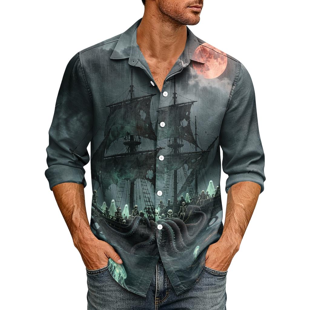 Men's Long Sleeve Cardigan with Halloween Print Casual Top