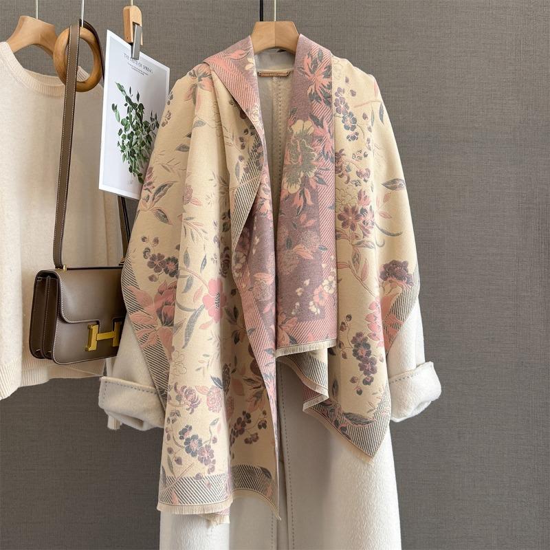 Autumn and Winter New Retro Flower Jacquard Scarf Women's Imitation Cashmere Temperament Warm Shawl with Neck Scarf