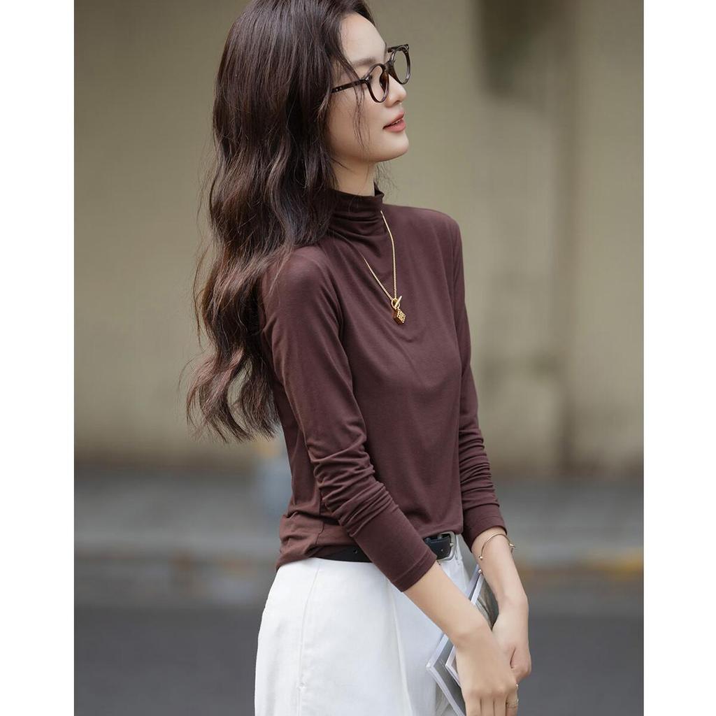 dme Warm Ginger Fleece Autumn New Slim Fit Thin Half Turtleneck Long Sleeve Women's Base Shirt