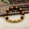 Gold-Plated Retro Pixiu Bracelet with 10mm Red Pomegranate Beads - Wealth Attraction Elastic Design