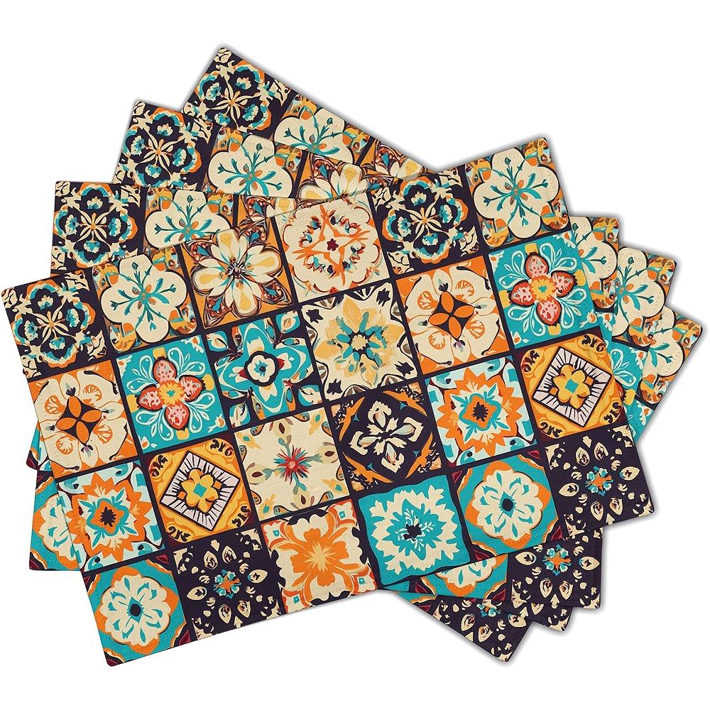 Boho Floral Placemats Set of 4, Retro Flower Geometric Place Mat Bohemian Floral Cloth Tablemats Non-Slip Washable Tabletop Mat 12x18 Inch for Indoor