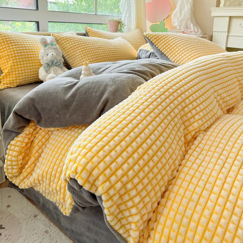 Thickened Milk Fleece Four-Piece Coral Fleece Quilt Cover Cut Flower Fleece Bed Sheet Mattress Bedding Three