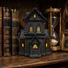Gothic Cabinet Ornament Lighted Halloween Village House Statue with LED Light, Spooky Display for Shelves Black Figurine Tabletop Holiday Home