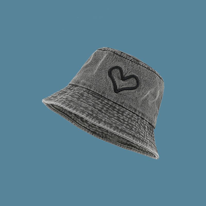 

Sun hat washed denim fisherman hat children s love embroidery spring and autumn versatile face cover casual short brim basin hat 54-58cm