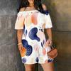 Women Plus Size Off Shoulder Short Sleeve Printed Loose Fit Romper With Side Pockets